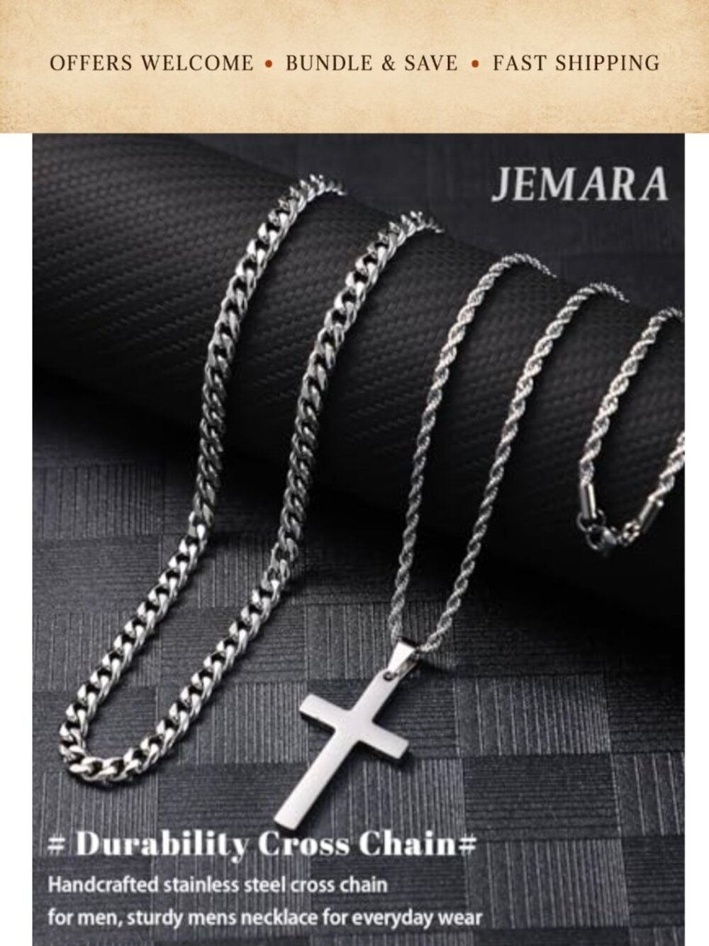 Mens Stainless Steel Cross Necklace Set Cuban Rope Chain 2Pc Layered - Picture 2 of 6